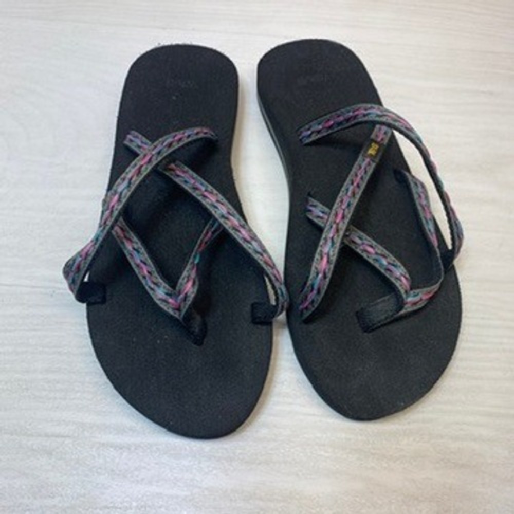 Teva Womens 8 Olowahu Sandals Strappy Mush Flip Flops Black Multi Geometric